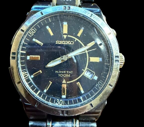 Seiko Kinetic 100M Men\'s Watch Black Dial Stainless Steel Bracelet 5M62-0B20